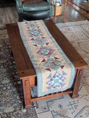 Handmade Patchwork Table Runner in Cream, Blue, Green and Burgundy